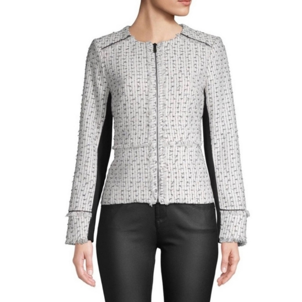 Karl Lagerfeld Paris Fring Trimmed Tweed Jacket/Blazer